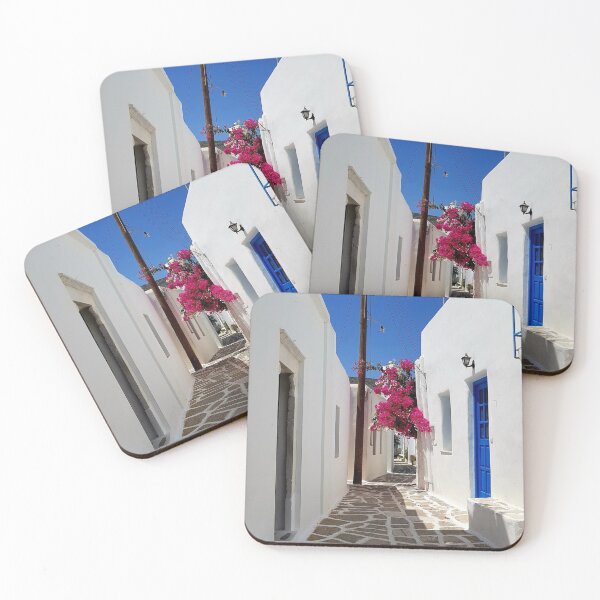 Item preview, Paros island, Beautiful pink flower bordering white houses designed and sold by Yellowsprint.