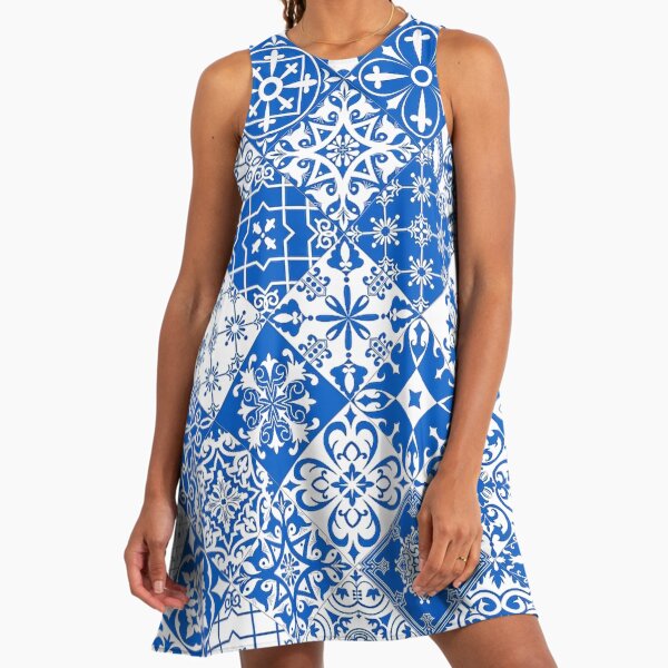 blue and white tile dress Prosperina Lydia Midi Dress In Blue Tile Print Cotton main image 0