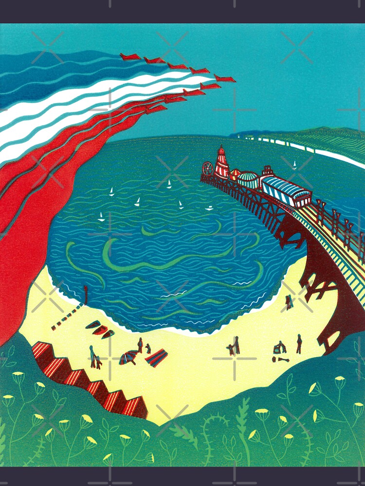 Red Arrows, Bournemouth Beach - Original linocut by Francesca Whetnall by Cecca-Designs