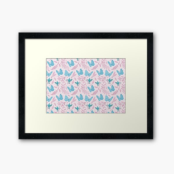 Pastel Summery Birds and Butterflies with Leaves Watercolour Vector Pattern Framed Art Print