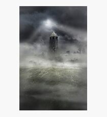Foggy landscape with dark tower Photographic Print