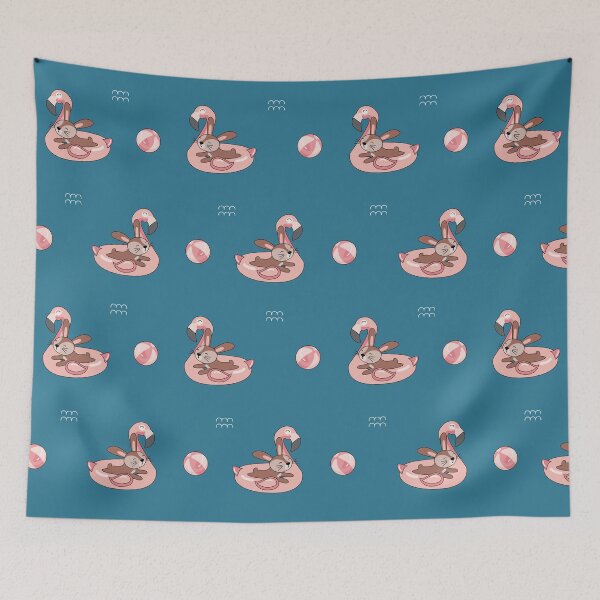 Item preview, Flamingo floatie with beach bunny and beach ball swimming in the waves in the water designed and sold by TrueType.