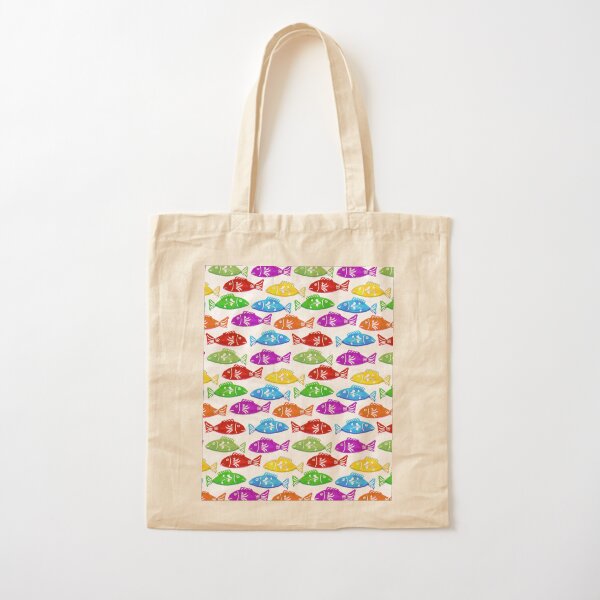 Cute and Sweet Swedish Folkart Fish Nordic Watercolor - Purple Red Yellow Green Orange Cotton Tote Bag