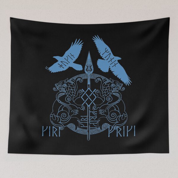 Item preview, Norse Mythology Spear of Odin Gungnir Runes Geri Freki Huginn Muninn Blue designed and sold by BluePagan.