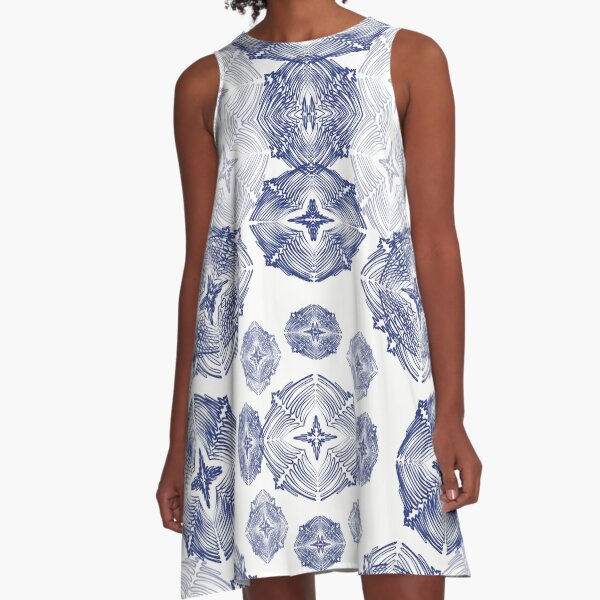 Geometric, navy blue oriental shapes A-Line Dress