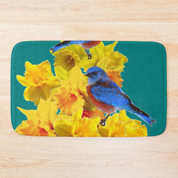 Item preview, SPRING BLUE BIRDS ON YELLOW DAFFODILS TEAL ABSTRACT designed and sold by sharlesart.