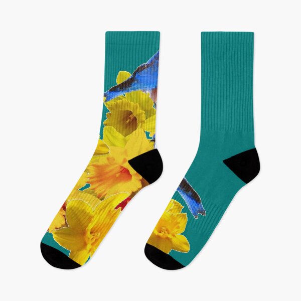 Item preview, SPRING BLUE BIRDS ON YELLOW DAFFODILS TEAL ABSTRACT designed and sold by sharlesart.