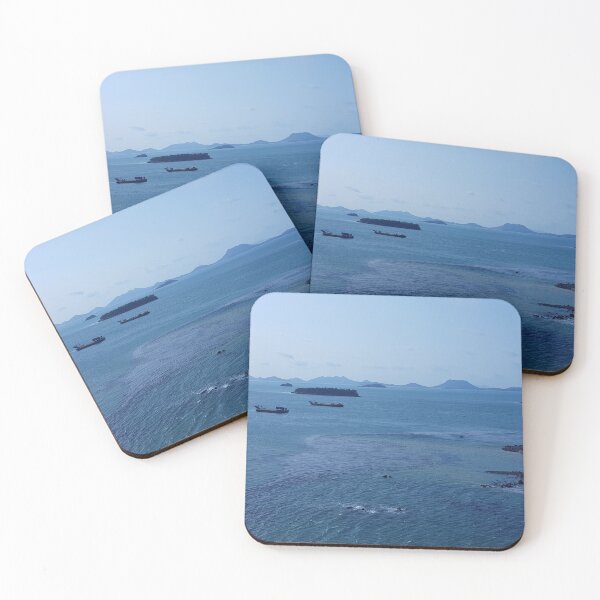 Item preview, Korea blue sea with islands and boats scenery designed and sold by sjkimphoto.