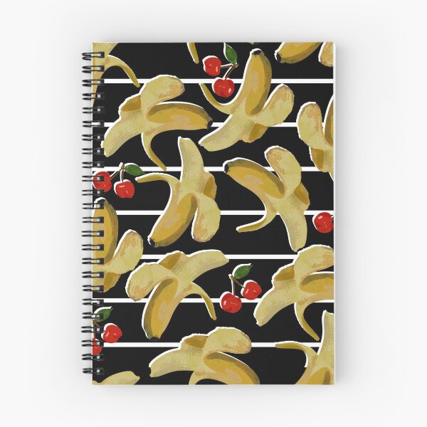 Item preview, Red passion cherries and yellow sexy bananas on black and white stripes designed and sold by Elena Ivan - Papadopoulou.