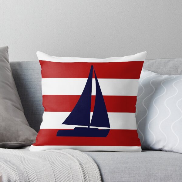 Item preview, Nautical Navy Blue Sailboat On Red Stripes designed and sold by rewstudio.