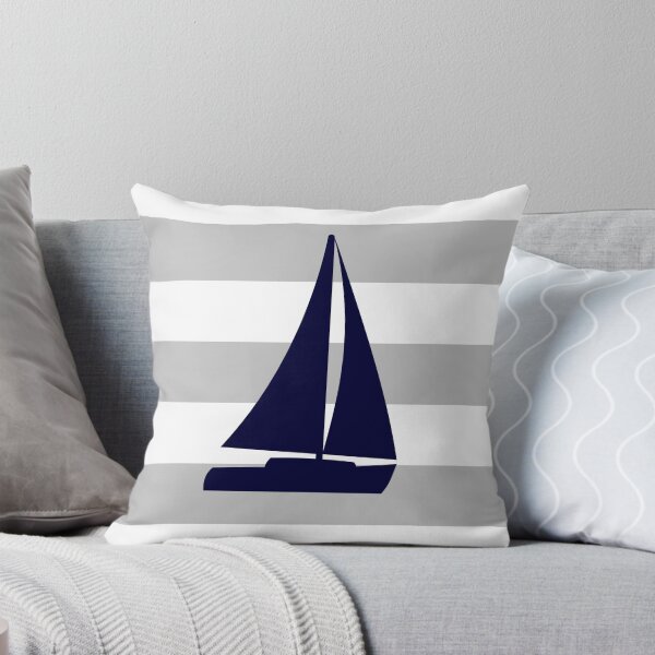 Item preview, Nautical Navy Blue Sailboat On Silver Gray Stripes designed and sold by rewstudio.