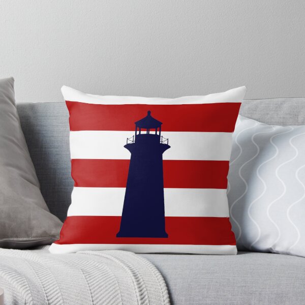 Item preview, Nautical Navy Blue Lighthouse On Red Stripes designed and sold by rewstudio.