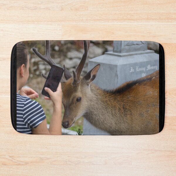 Item preview, The girl taking picture of friendly deer on the Irish Graveyard of Muckross Abbey in Killarney National Park, near the town of Killarney, County Kerry, Ireland designed and sold by AlbertMi.