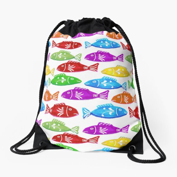 Cute and Sweet Swedish Folkart Fish Nordic Watercolor - Purple Red Yellow Green Orange Drawstring Bag