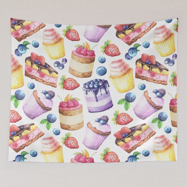 Item preview, Watercolour Blueberry and Strawberries cakes pattern designed and sold by Delicarte.