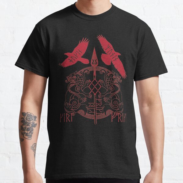 Norse Mythology Spear of Odin Red Gungnir Runes Geri Freki Huginn Muninn Classic T-Shirt