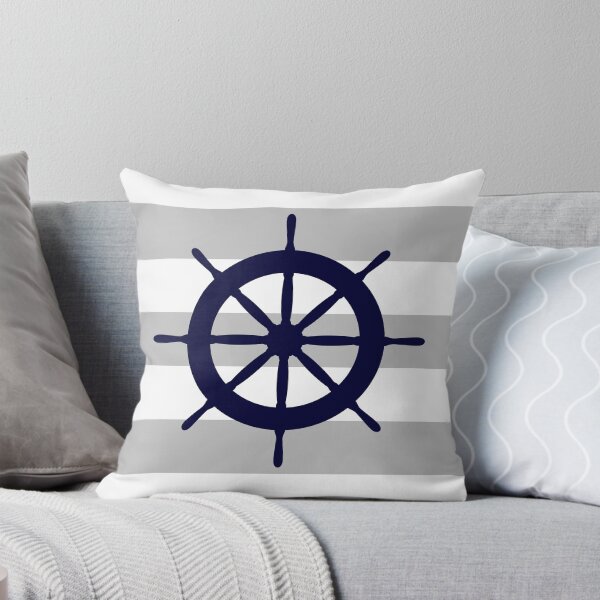 Item preview, Nautical Navy Blue Ship's Steering Wheel On Silver Gray Stripes designed and sold by rewstudio.