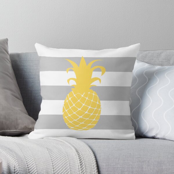 Mustard Yellow Pineapple On Silver Gray And White Stripes Throw Pillow