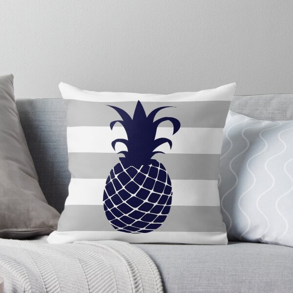 Item preview, Navy Blue Pineapple On Silver Gray Stripes designed and sold by rewstudio.