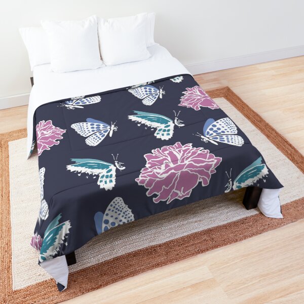 Floral Pink Camelias and Teal Butterflies Comforter