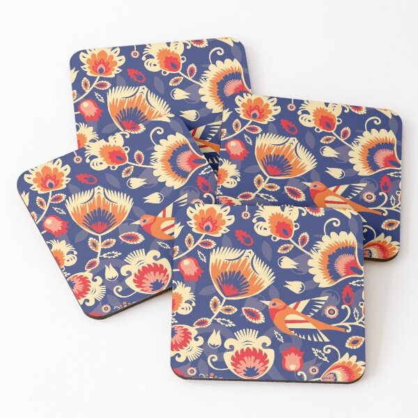 Item preview, Yellow and orange folklore flowers on blue designed and sold by FK-UK.