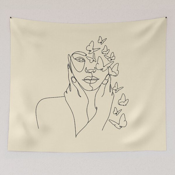 Item preview, Minimalist continuous linear sketch woman face with butterfly. Female One line face. designed and sold by OneLinePrint.