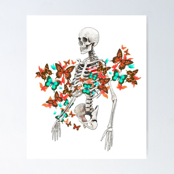 Item preview, Human skeleton, colorful vibrant butterfles, memento mori, watercolor art, cool, anatomy art  designed and sold by Collagedream.