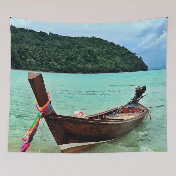 Item preview, Anchored boat at a blue beach  designed and sold by TumblesMumbles.