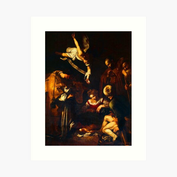 Aperçu de l'œuvre High Res Caravaggio Nativity with St Francis and St Lawrence 1600 créée et vendue par tiokvadrat.