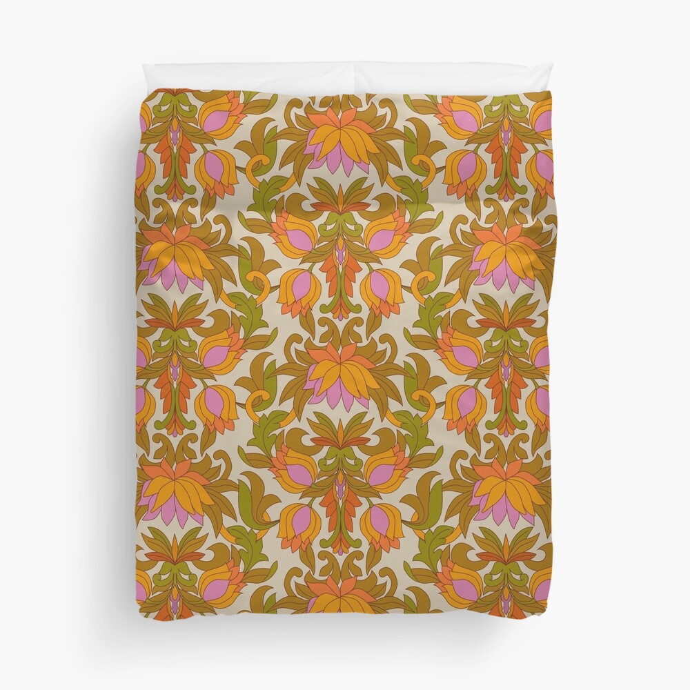 Orange, Pink Flowers and Green Leaves 1960s Retro Vintage Pattern Duvet Cover