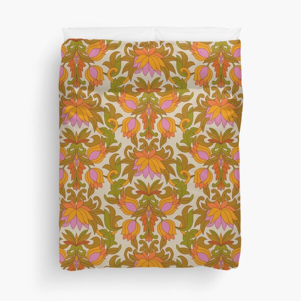 Orange, Pink Flowers and Green Leaves 1960s Retro Vintage Pattern Duvet Cover