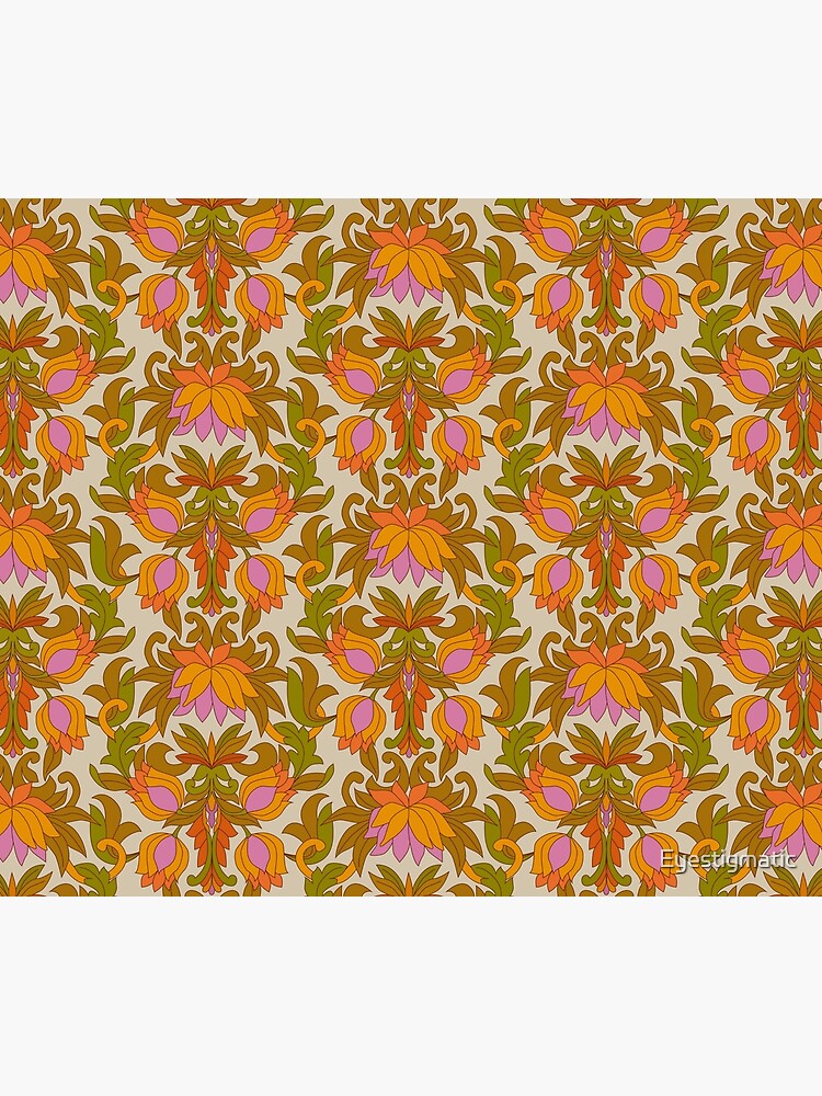 Orange, Pink Flowers and Green Leaves 1960s Retro Vintage Pattern by Eyestigmatic