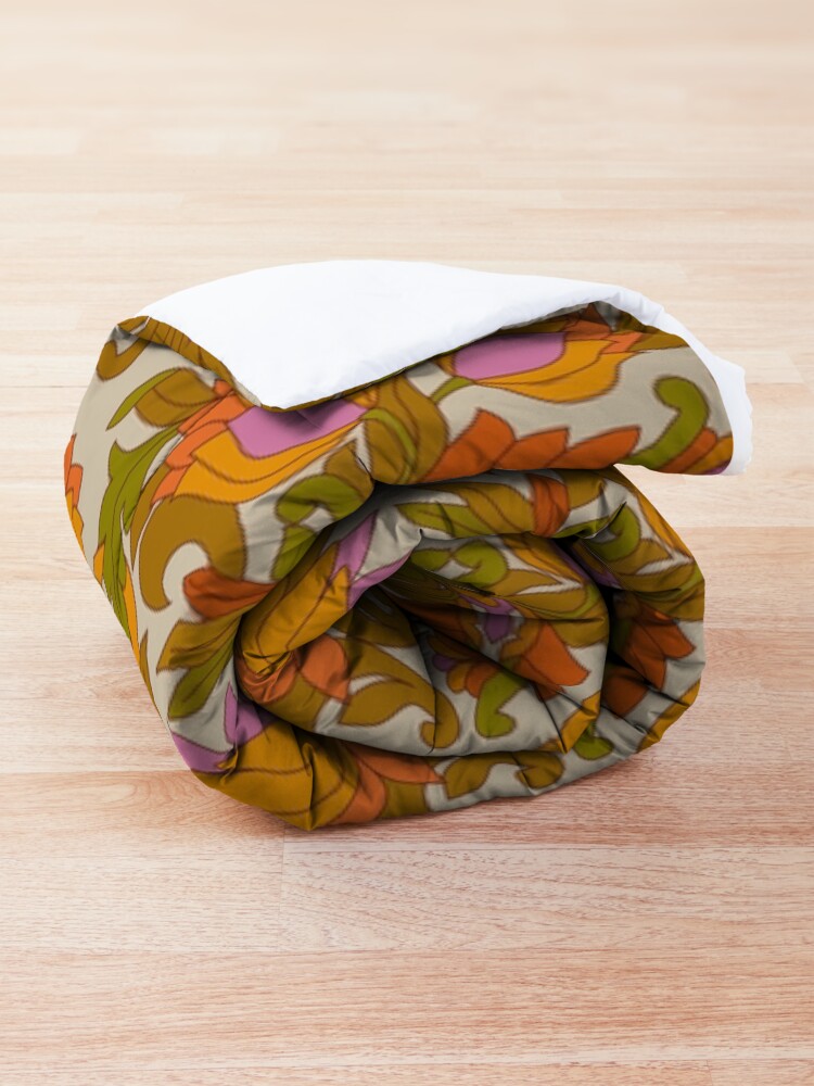 Alternate view of Orange, Pink Flowers and Green Leaves 1960s Retro Vintage Pattern Comforter