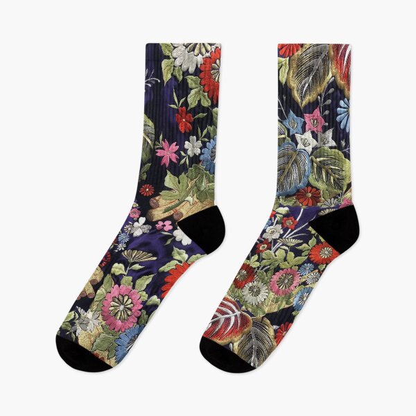 Item preview, ANTIQUE JAPANESE FLOWERS Blue Red Green Leaves Kimono Style Floral designed and sold by BulganLumini.