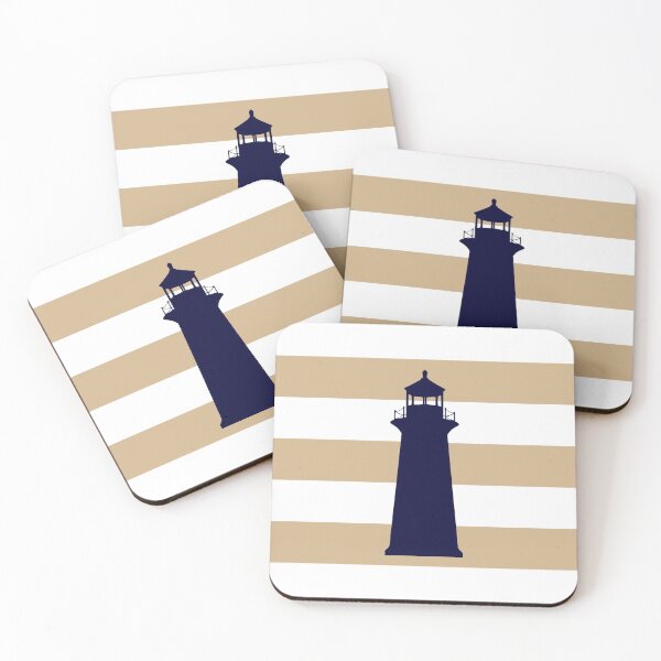 Item preview, Nautical Navy Blue Lighthouse On Tropical Tan Stripes designed and sold by rewstudio.