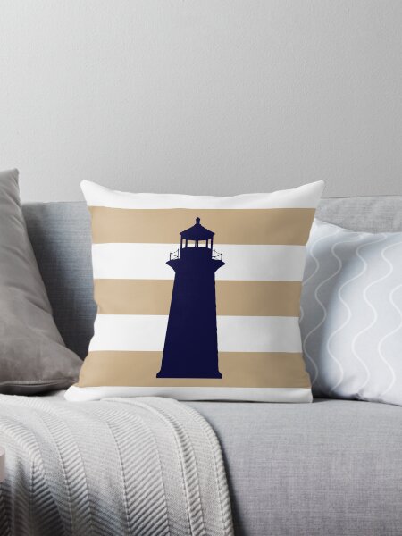 Item preview, Nautical Navy Blue Lighthouse On Tropical Tan Stripes designed and sold by rewstudio.