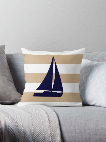 Item preview, Nautical Navy Blue Sailboat On Tropical Tan Stripes designed and sold by rewstudio.