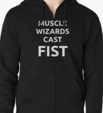 Muscle wizards cast FIST - white text Zipped Hoodie