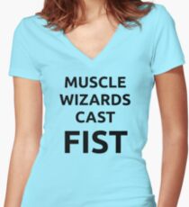 Muscle wizards cast FIST - black text Women's Fitted V-Neck T-Shirt