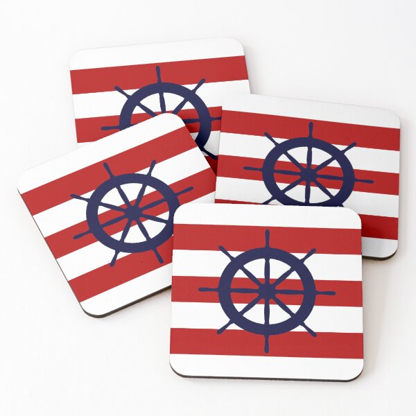 Item preview, Nautical Navy Blue Ship's Steering Wheel On Red Stripes designed and sold by rewstudio.