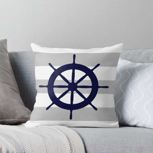 Item preview, Nautical Navy Blue Ship's Wheel On Gray Stripes designed and sold by rewstudio.