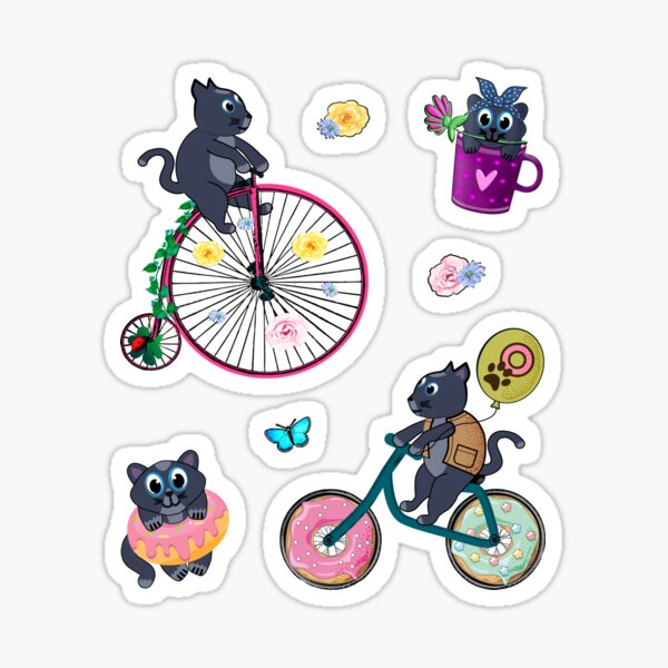 Donut delivery cat and kitten on bike - pack Sticker
