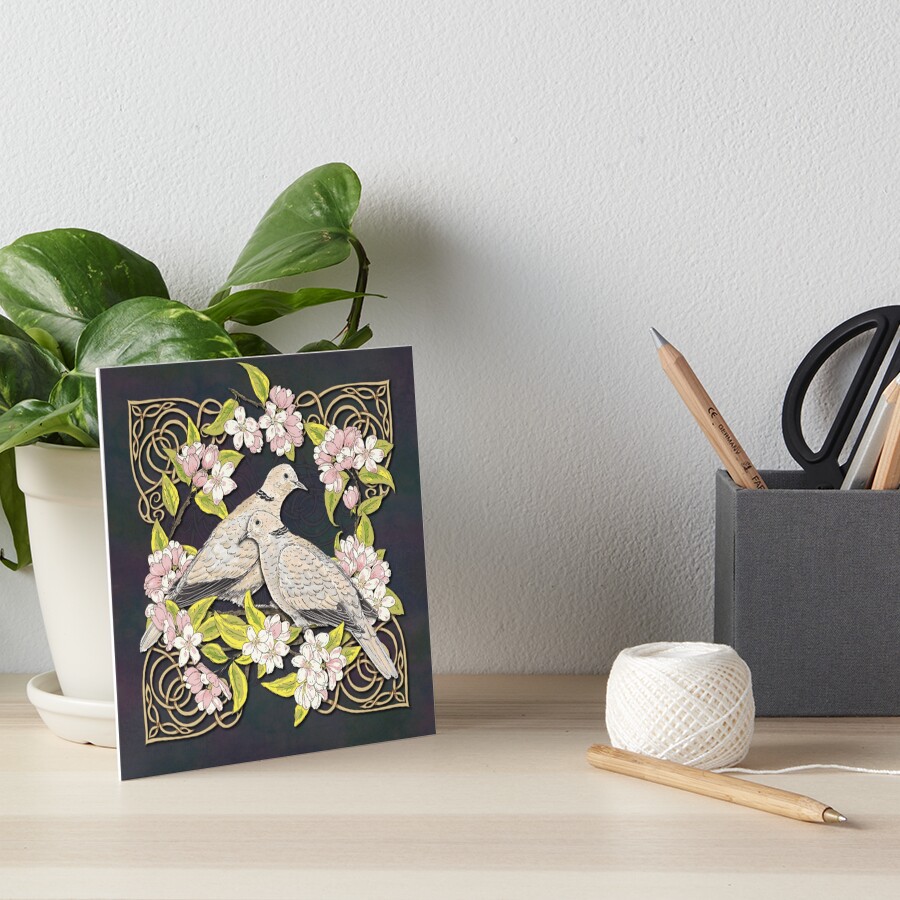 Celtic Collared Doves in Blossom Art Board Print