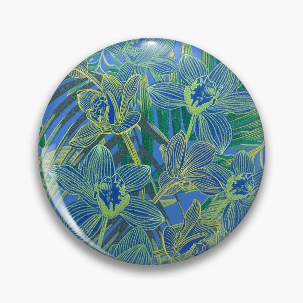 Item preview, tropical pattern with yellow and green and blue exotic foliage with acid orchids on orange background designed and sold by ANAKOTO.
