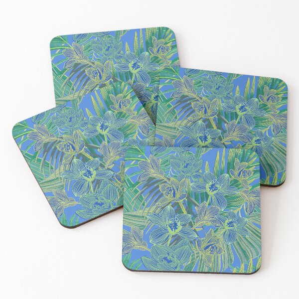 Item preview, tropical pattern with yellow and green and blue exotic foliage with acid orchids on orange background designed and sold by ANAKOTO.