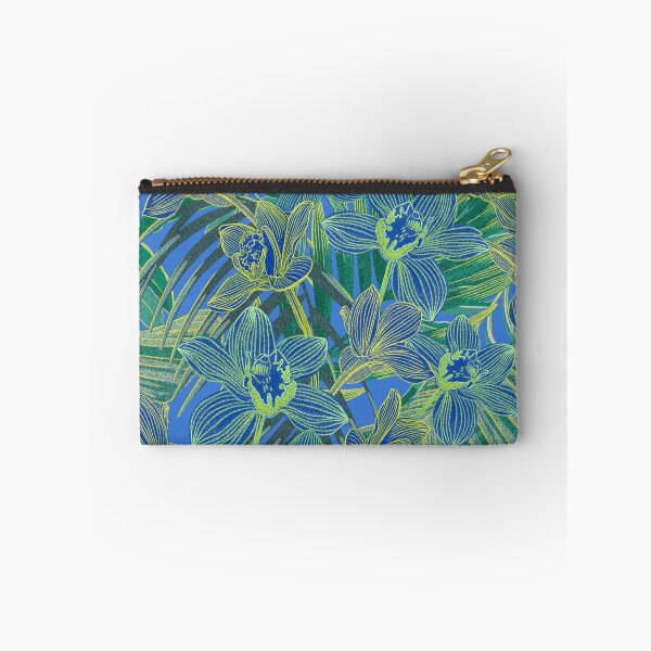 Item preview, tropical pattern with yellow and green and blue exotic foliage with acid orchids on orange background designed and sold by ANAKOTO.