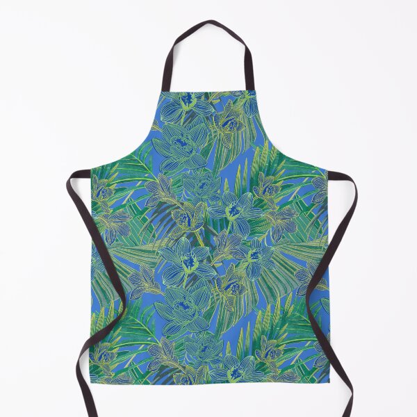 Item preview, tropical pattern with yellow and green and blue exotic foliage with acid orchids on orange background designed and sold by ANAKOTO.