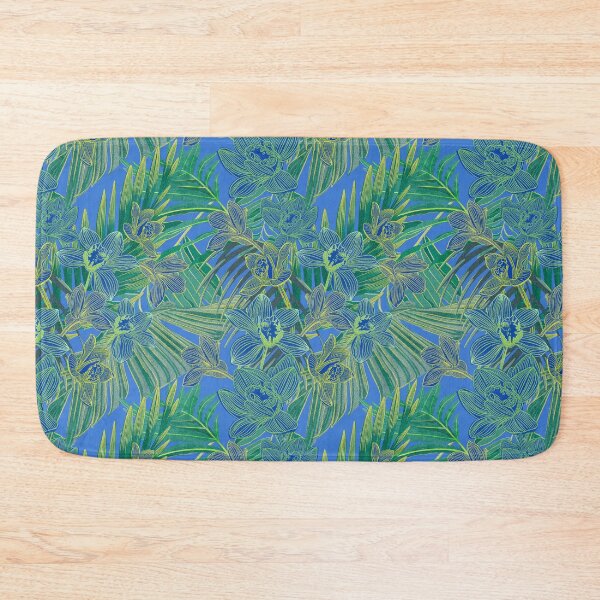 Item preview, tropical pattern with yellow and green and blue exotic foliage with acid orchids on orange background designed and sold by ANAKOTO.