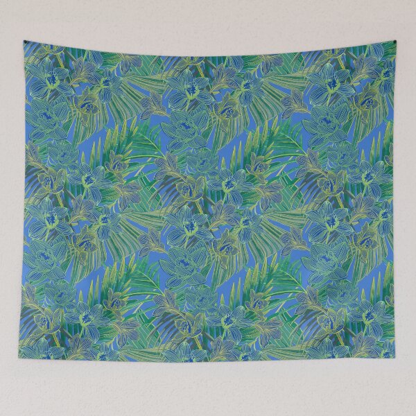 Item preview, tropical pattern with yellow and green and blue exotic foliage with acid orchids on orange background designed and sold by ANAKOTO.