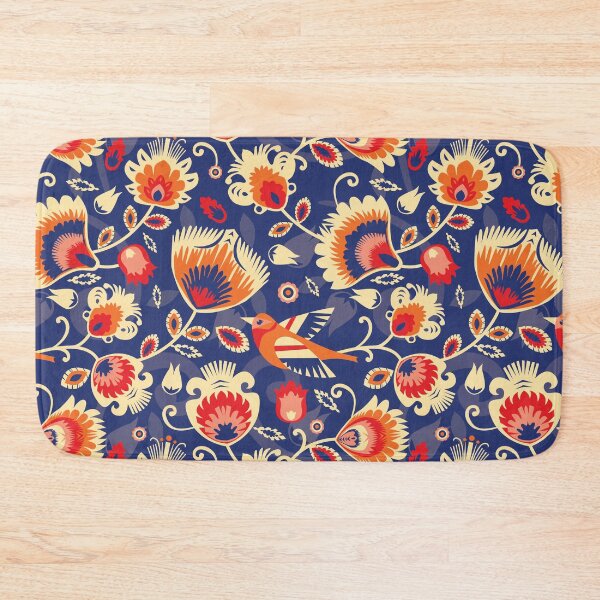 Item preview, Yellow and orange folklore flowers on blue designed and sold by FK-UK.